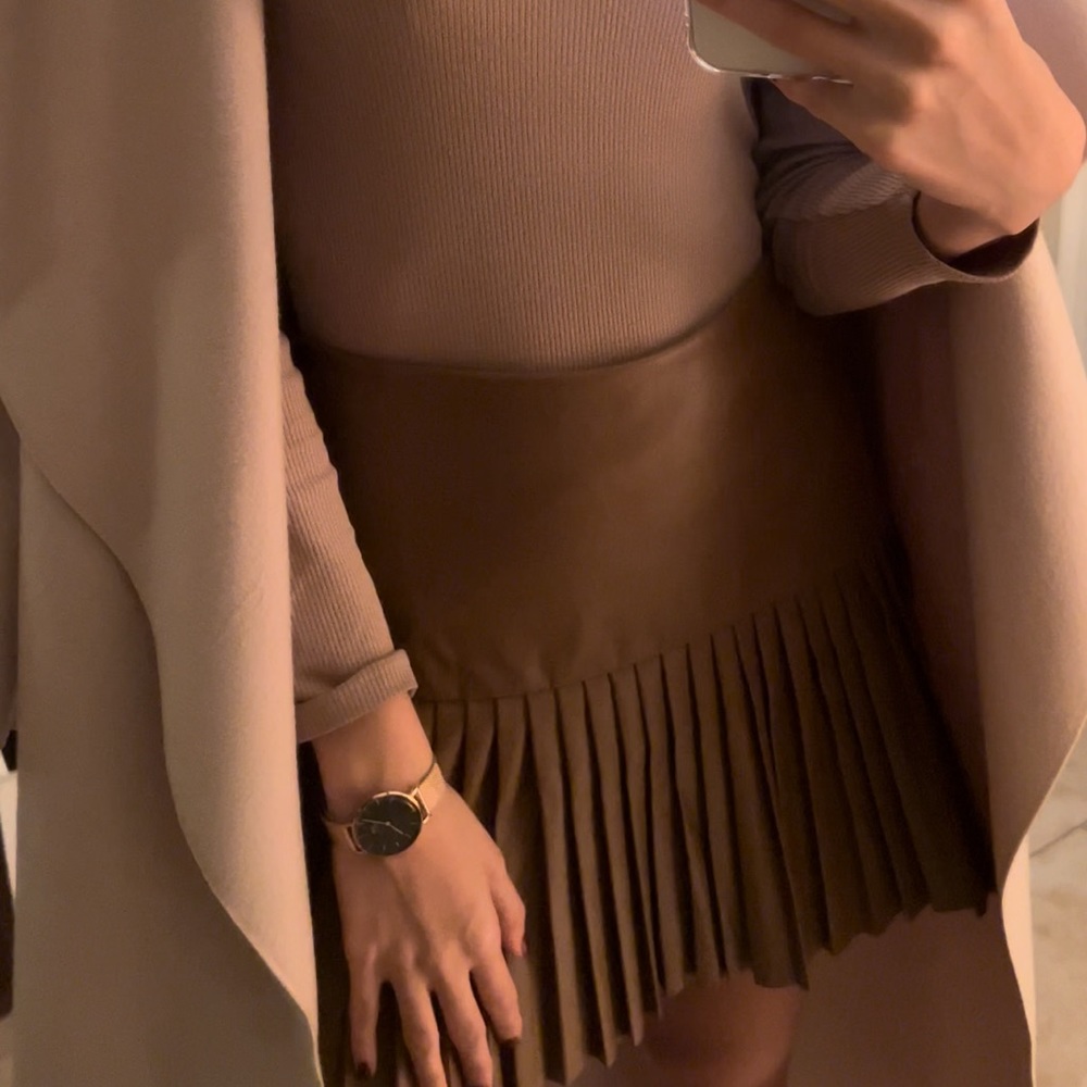 Brown Pleated Circle Leather Skirt